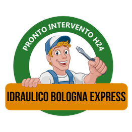 Logo con idraulico con chiave inglese, testo: "Pronto intervento H24, Idraulico Bologna Express".