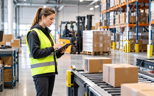 Mitarbeiterin prüft Lagerbestände mit einem Tablet zwischen Fördertechnik und Warenpaletten in einem modernen Lager.