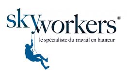 Logo de Skyworkers avec une silhouette d'alpiniste et le slogan "le spécialiste du travail en hauteur".