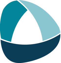 Abstraktes Logo mit dreifarbigen gebogenen Formen in Blau, Türkis und Weiß.