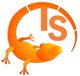 Orange Eidechse und Buchstaben "TS" in einem stilisierten Kreis.