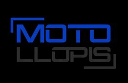 Logo de "MOTOLLOPS" en azul y gris sobre fondo negro.