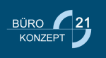 Logo mit Text "Büro Konzept 21" auf blauem Hintergrund, stilisiertes Kreisdiagramm.