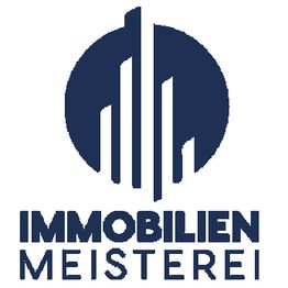 Logo mit stilisierten Hochhäusern und Text "Immobilien Meisterei" in Blau.