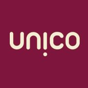 Logo mit dem Text "unico" in cremeweißer Schrift auf dunkelrotem Hintergrund.