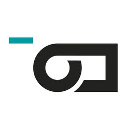 Schwarzes abstraktes Logo mit blauem Akzent auf weißem Hintergrund.