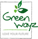Logo mit Text "Green Wayz" in Grün und "Love Your Future" in Grau, Blattmotiv oben.