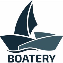 Logo med en båd i to toner og teksten "Boatery".