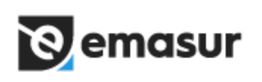 Logo de Emasur con un diseño de aro blanco en fondo negro y azul. Texto "emasur" en negro.