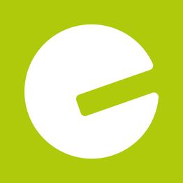 Weißes abstraktes Logo auf grünem Hintergrund, das einem stilisierten halben Kreis ähnelt.