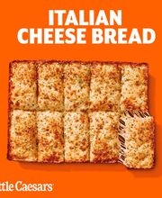 Pan de queso italiano en tiras. Texto: "Italian Cheese Bread". Fondo naranja. Logo de Little Caesars.