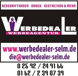 Agenturlogo mit Kontaktdaten und Website: werbedealer-selm.de für Beschriftungen und Druck.