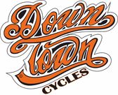 Schriftzug "Downtown Cycles" in geschwungener, oranger Schrift auf weißem Hintergrund.