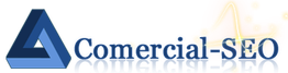 Logo de Comercial-SEO con diseño de triángulo azul y líneas naranjas dinámicas a la derecha.