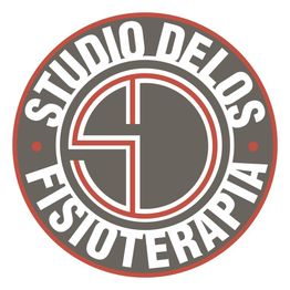 Logo circolare grigio e rosso con testo: "Studio Delos Fisioterapia".