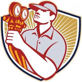 Illustration of a worker holding gauges, wearing a hat, with a shield and rays in the background.