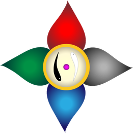 Abstrakte Blume mit roten, grünen, blauen und grauen Blütenblättern um ein Yin-Yang-Symbol.