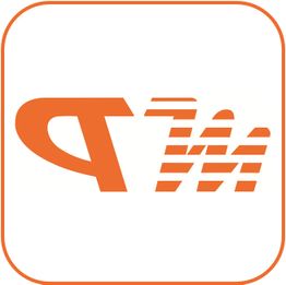 Orangefarbenes Logo mit stilisierten Buchstaben "P" und "TM" in einem weißen Rahmen.