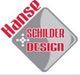 Graues Rautensymbol mit roten Buchstaben: "Hanse Schilder Design", weiße Punkte daneben.