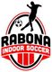 Logo mit Fußballspieler, Ball und Text "Rabona Indoor Soccer" in Rot und Schwarz.