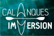 Texte blanc "Calanques Immersion" et kayak stylisé sur fond vert d'eau.