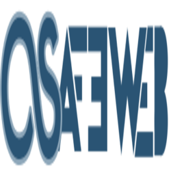 Blue text logo with the word "SAFEWEB," featuring an infinity symbol design on the "S."