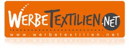 Orange-weißes Logo mit "WerbeTextilien.net" und Webseite unten.