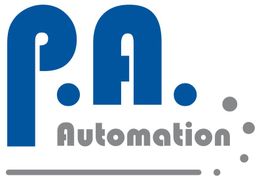 Logo mit blauem "P.A." und grauem "Automation", daneben kleine graue Kreise.