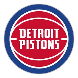 Detroit Pistons logo with white text on a red basketball, surrounded by a blue circle.