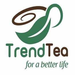 Logo mit grünem Blatt und Spirale, Text "TrendTea for a better life" darunter.