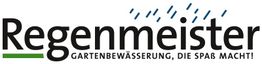 "Regenmeister-Logo mit dem Slogan: 'Gartenbewässerung, die Spaß macht!' und stilisiertem Regen."