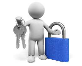 Figura con llaves y candado azul, representa seguridad y protección.