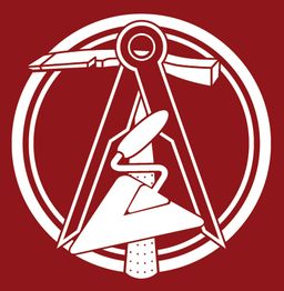 Zirkel und Werkzeug auf rotem Hintergrund, Symbol für Handwerk oder Freimaurerei.