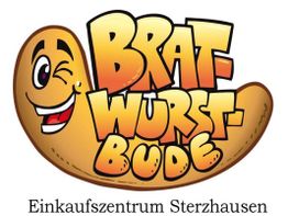 Comic-Wurst mit Gesicht und Text "Brat-Wurst-Bude". Darunter steht "Einkaufszentrum Sterzhausen".