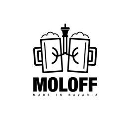 Zwei Bierkrüge stoßen an, darüber ein Turm, mit dem Text "Moloff - Made in Bavaria".