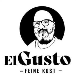 Ein Logo mit einem Portrait eines Mannes und dem Text „El Gusto – Feine Kost“.