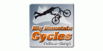 Logo mit Radfahrer in der Luft, Schriftzug: "Big Mountain Cycles Online-Shop" in Orange und Schwarz.
