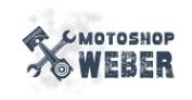Logo von Motoshop Weber mit Werkzeugen, Kolben und Zahnrad in Grau.