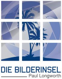 Neun blaue Kacheln bilden eine Palme. Text: "Die Bilderinsel – Paul Longworth".