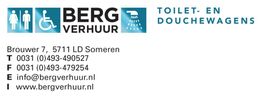 Logo van Berg Verhuur, contactinformatie en tekst "Toilet- en douchewagens".