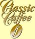 Goldene Schrift "Classic Caffee" auf gelbem Hintergrund mit einem stilisierten Kaffee-Logo unten.
