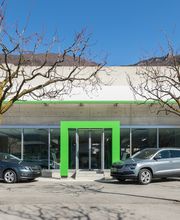 Skoda-Autohaus mit zwei Autos davor und kahlen Bäumen.