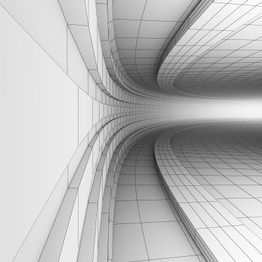Futuristischer, gewölbter geometrischer Tunnel in Graustufen mit gewellten Linien und Fliesen.