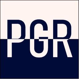Logo avec les lettres "PGR" en blanc sur un fond bicolore bleu marine et beige.