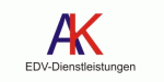Logo mit den Buchstaben AK in Blau und Rot, darunter steht "EDV-Dienstleistungen".