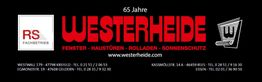 Banner von Westerheide mit Kontaktdetails und Fokus auf Fenster und Rolladen.