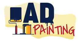 Logo de "AD Painting" con rodillo y lata de pintura en fondo amarillo.