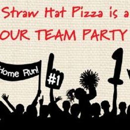 Silhouette of cheering crowd with text: "Straw Hat Pizza is a YOUR TEAM PARTY."