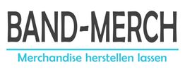 Textbild mit "BAND-MERCH" und "Merchandise herstellen lassen" in Blau.