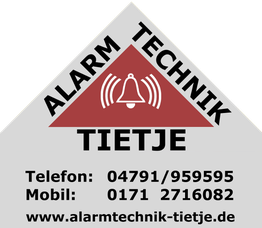 Alarm Technik Tietje Logo mit Telefonnummern und Website; Glockensymbol auf rotem Dreieck.